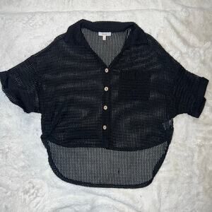 Y2K Peach Brand Sheer Black Mesh Button Up Short Sleeve Top Size Medium